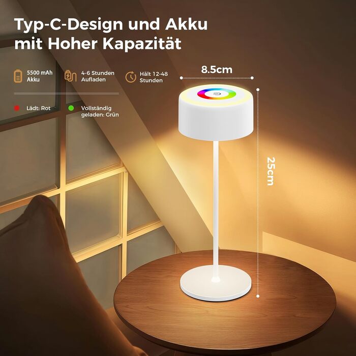 LED-лампа настільна акумуляторна з регулюванням яскравості, перезарядна, 3000-6000K+RGB, USB-C, для дому та вулиці, водонепроникна (IP54), алюмінієва