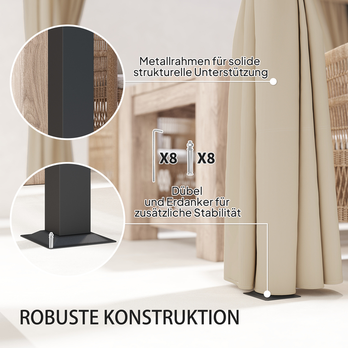 Пергола 3x3 м, окремо стояча, навіс для тераси зі зсувним дахом, 4 бокові стінки, стійка до УФ-випромінювання, бежевого кольору