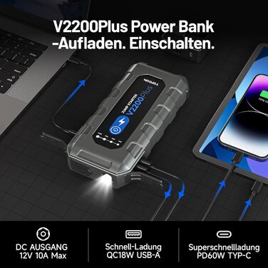TOPDON JS3000 Powerbank для запуску двигуна, 12V, 24000mAh, 2200A, для бензинових (9.0L) та дизельних (7.0L) двигунів, з EVA-чохлом