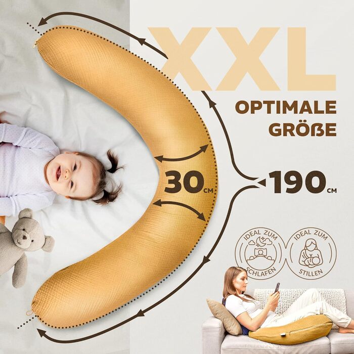 Подушка для вагітних Sei Design XXL з екологічної тканини Öko-Tex | Ергономічна подушка для сну та годування | Безшумна еластична наповнювач, чохол 100% бавовна (Musselin Bernstein, 190x30)