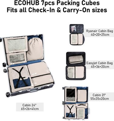 Набір органайзерів для подорожей ECOHUB для валізи, 7 шт, сумки для одягу та взуття з переробленого PET, екологічні пакувальні куби, бежевий