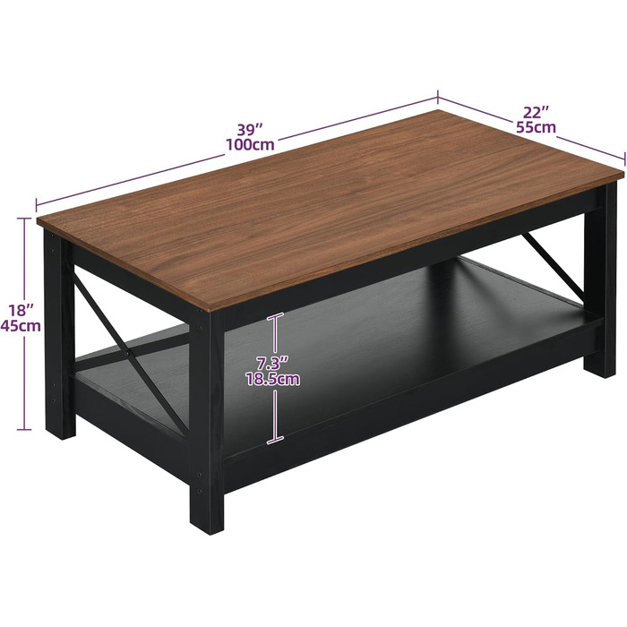 Журнальний столик YITAHOME 2 яруси, дерев'яний прямокутник, Х-подібна металева, стійка 100x55x45см (коричневий)