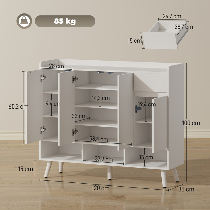 Шафа для взуття HOMCOM з безручковим дизайном, 4 дверцятами, 4 регульованими полицями, окремо стояча полиця для взуття на 5 дерев'яних ніжках, дерево, білий