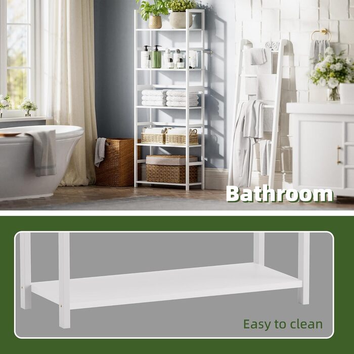 5-ярусна полиця для книг, індустріальна полиця з бамбуковим каркасом, сучасна полиця-вітрина, органайзер для зберігання з дерева для вітальні, домашнього офісу, рустичний колір (білий)