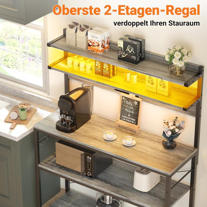 Кухонна полиця-стійка з розеткою, підставка для мікрохвильовки, 5-рівнева кавова станція з LED-підсвіткою, полиця для спецій, каструль та сковороди (80см, Білий дуб)