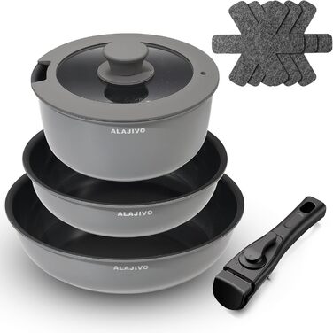 Набір посуду 9-ти частинний з знімним ручками, антипригарне покриття, для всіх типів плит, включаючи індукційні, сумісний з духовкою (сірий)