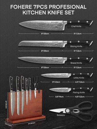 Набір ножів FOHERE 7 предметів: кухонний, для хліба, овочевий, з точилкою та магнітним блоком з нержавіючої сталі та дерева