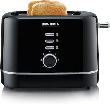 Автоматичний тостер SEVERIN, невеликий тостер на 2 скибочки, високоякісний чорний тостер для підсмажування, розморожування та нагрівання, 850 Вт, чорний, AT 4321 чорний/сріблястий