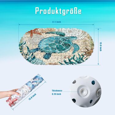 Килимок для душу, 68x35 см, Нековзний, Присоски, Морська черепаха, Протиковзкий килимок, Для дітей, Протиковзкий, Килимок для ванни, Прибережний океанський пляж, Морський декор, Синій1 (макс. 50 символів)