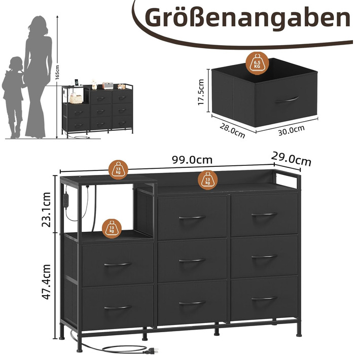 Комод Somdot з висувними ящиками для спальні, вітальні, передпокою з LED-підсвічуванням та розетками (2 AC, 1 USB, 1 Type-C), 5 тканинних ящиків, білий, 29T x 66,5B x 70,5H cm (Чорний, 29T x 99B x 70.5H cm (8 ящиків))