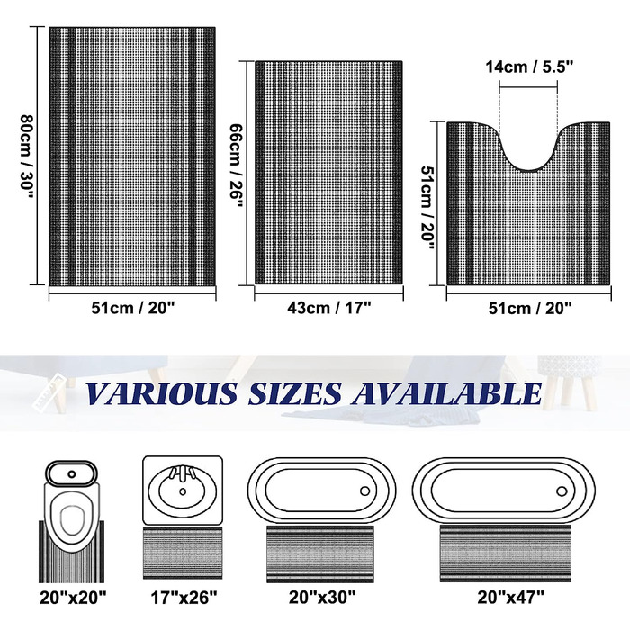 Набір килимків для ванної McEu з 3 предметів, нековзні миються Килимки для ванної 120x51 см 66x44 см і U-подібний контурний килимок для унітазу 551 см, всмоктуючий килимок з мікрофібри синель для ванної кімнати, (851 см 66x44 см 551 см, чорний)