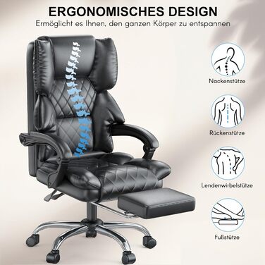 Офісний крісло-шезлонг для кухні від NaspaLuro з підніжкою, чорного кольору. Ергономічний комп'ютерний стілець з PU шкіри, м'якими підлокітниками та регульованою спинкою. Регульована висота, поворотний механізм. Без підігріву.