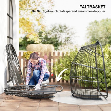 Підвісне крісло Підвісний кошик з подушкою Poly Rattan Swing Зовнішнє складне підвісне крісло з навантаженням до 150 кг Підвісне гойдалка Плетене підвісне крісло для вітальні Балкон Тераса Темно-сірий | Аосом