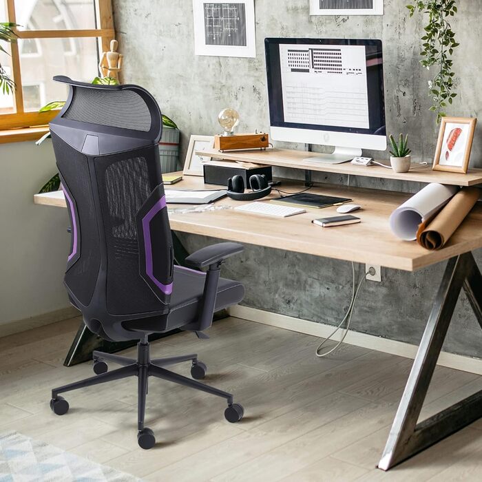 Ігровий крісло Dowinx з 3D підлокітниками, офісне крісло, ергономічне, з функцією гойдання, шкіряне, поворотне, для офісу та дому, чорний, сірий (чорний, фіолетовий)