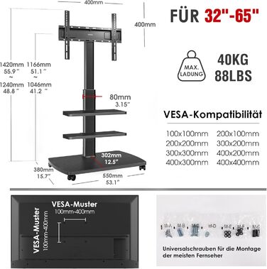 Підставка для телевізора мобільна з поличками Holz, 32-65 дюйми, чорна, VESA 400x400, до 40 кг
