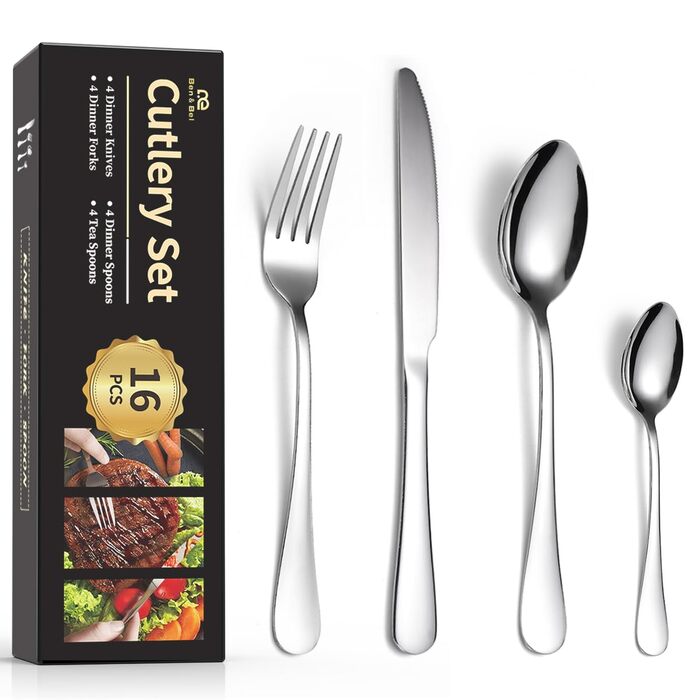 Набір столових приборів Ben & Bel на 6 осіб (24 шт.) з нержавіючої сталі – ніж, виделка, ложка, подарункова коробка, легко миється, придатний для миття в посудомийній машині