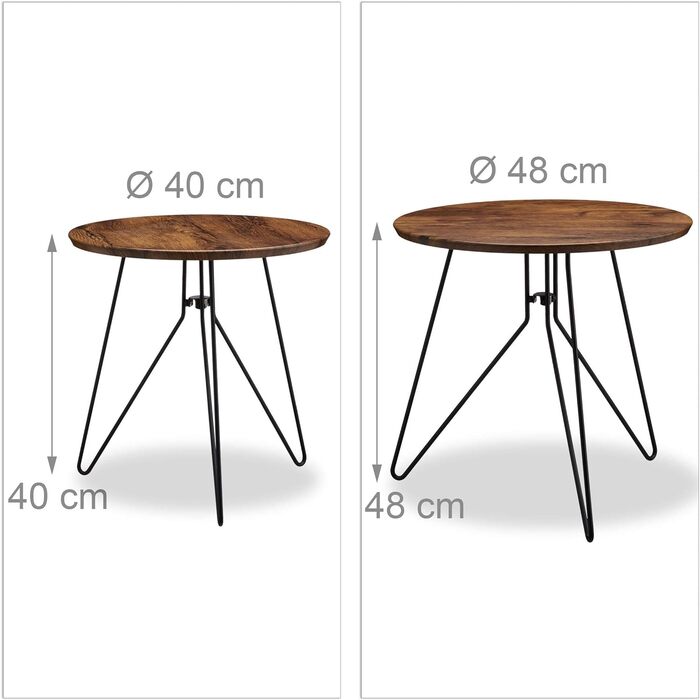 Набір приставних столів Relaxdays з 2 шт. , круглі гніздові столи з металевим каркасом, приставні столики, стільниця 40 і 48 см, МДФ, стандарт (коричневий)