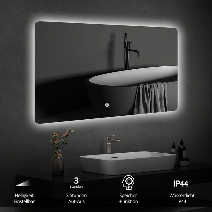 Дзеркало для ванної кімнати EMKE з підсвічуванням 50x70 см, регульована яскравість, LED, сенсорна панель, функція пам'яті, холодне світло, IP44, енергозбереження