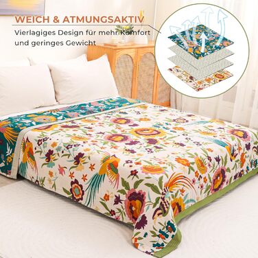 Плед Boho з 100% бавовни, стиль кантрі, 150x200 см, гранатовий колір. Плед на диван та ліжко з квітковим візерунком (квіти, птахи)