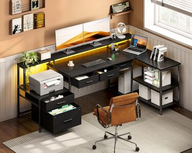 Комп'ютерний стіл кутовий Coleshome з шухлядами, 195x100 см, з розеткою та підставкою для монітора, чорний