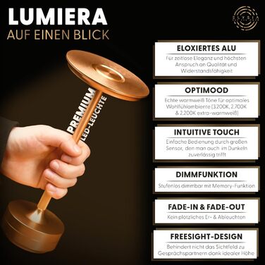 LED настільна лампа ELYSIA з акумулятором, диммування, бездротова, сенсорне управління, для дому та вулиці [IP54], тепле світло [2200K-2700K-3200K], USB-C, перезарядна, алюміній, золота