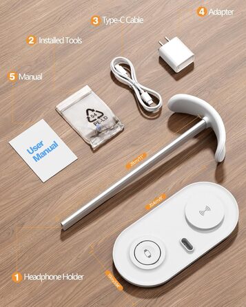 Підставка для навушників HiWe 3-в-1 з бездротовим зарядним пристроєм для телефону/AirPods/iWatch. Алюмінієва стійка, шкіряний підклад, ABS-основа, білий колір.