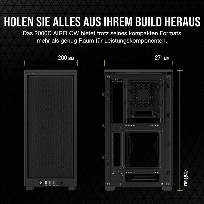 Корпус для ПК Corsair 2000D Airflow Mini ITX, чорний, сітчаста сталь, 3 слоти для GPU, оптимізований для охолодження, сучасні порти на передній панелі