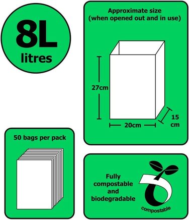 Повністю зелені 8-літрові (8 л) компостовані паперові мішки для сміття, 50 мішків для сміття