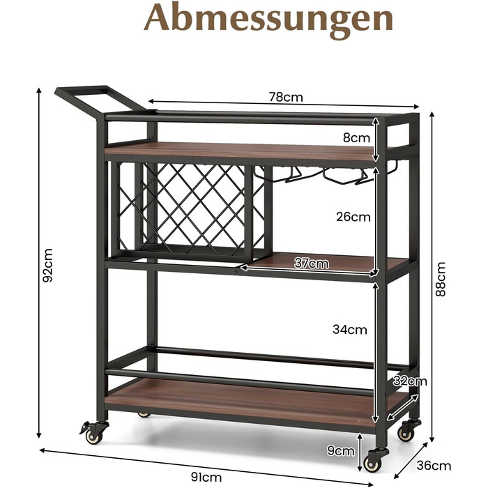 Візок для сервірування GOPLUS 3 яруси, полиця для пляшок, тримач для склянок, ручка, полиці, коліщатка, кухня та вітальня (коричневий)