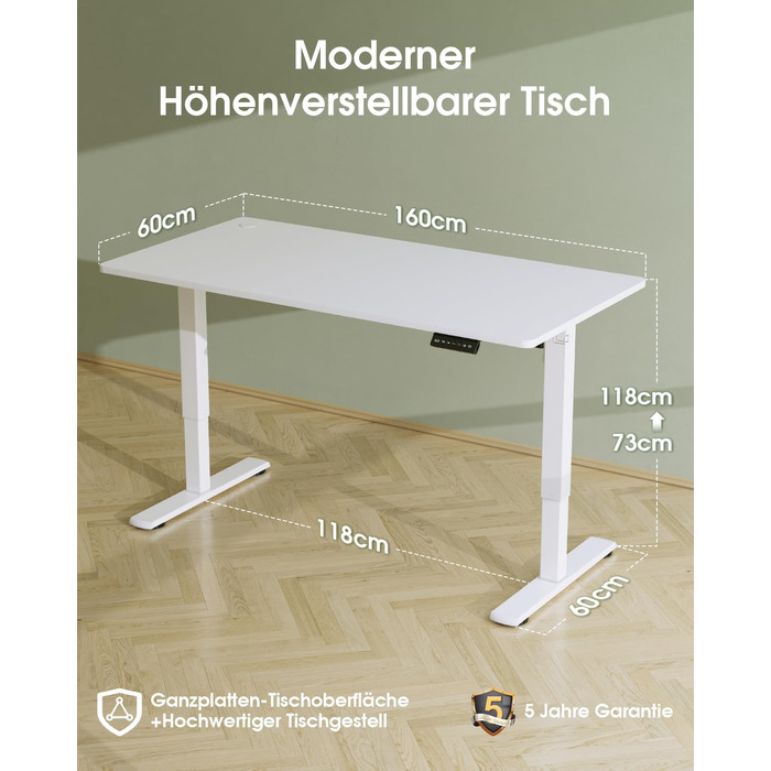 Електричний регульований стіл Flamaker з пам'яттю, ігровий стіл з USB-зарядкою (160 x 60 см)