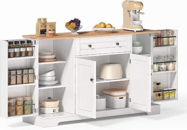 Багатофункціональний буфет-біликовий стіл 138 см з шухлядою, полицями та регульованими полицями – з кріпленням від перекидання, для кухні, вітальні та спальні (Натуральний+білий)