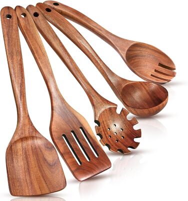 Набір кухонних аксесуарів з текового дерева (10 шт) з підставкою: лопатка, половник, шумовка, ложка для салатів, виделка для салатів