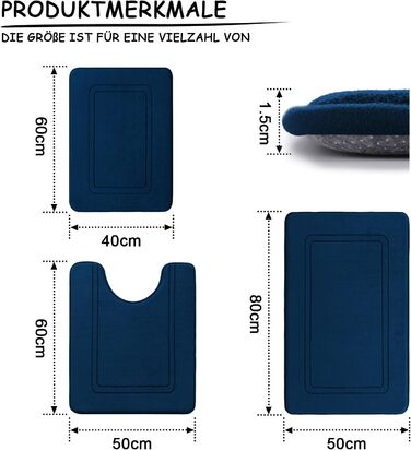 Набір килимків для ванної кімнати chakme з 5 предметів, піна з ефектом пам'яті, не ковзає, можна прати, темно-синій