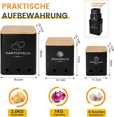 Набір контейнерів для зберігання картоплі, цибулі та часнику (3 шт) з бамбуковими кришками - Моз (Moz) - Чорний