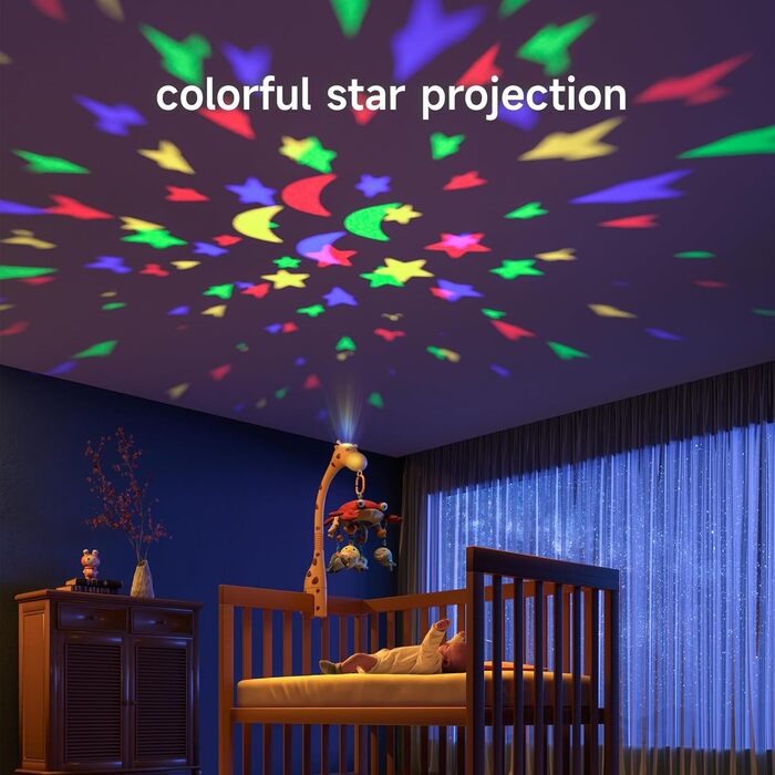 Мобіль для ліжечка TUMAMA Mobile Baby з музикою та світлом, обертається та знімається, музична іграшка для ліжечка для дітей 0-12 місяців, змінює колір