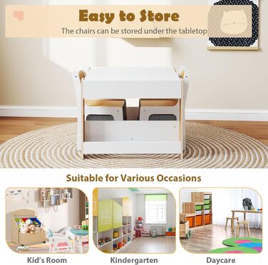 Дитячий стіл LIFEZEAL 3 в 1 з 2 стільцями: стіл для малювання, активностей та ігор. Дерев'яна дитяча група з місцем для зберігання (натуральний колір)
