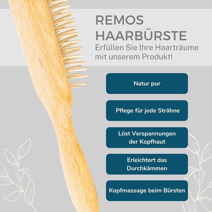 Пневматична гребінець REMOS з дерев'яними шпильками з деревини бука - повне волосся (вузьке)