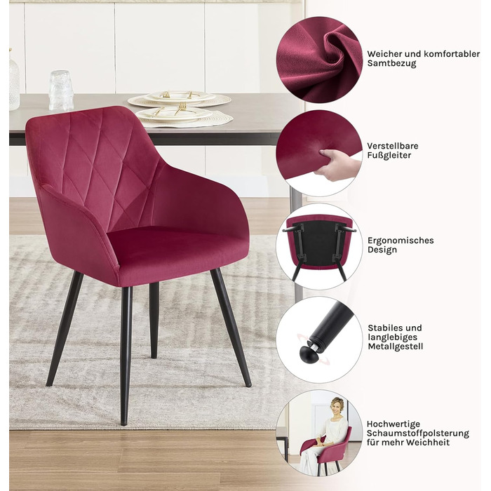 WOLTU Набір з 2 кухонних стільців з підлокітниками, для вітальні, кухні, їдальні. М'які стільці з оксамитовим покриттям, металеві ніжки, Бордовий колір