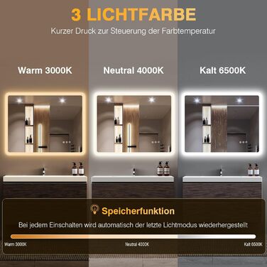 LED дзеркало для ванної кімнати 80x60 см з підсвічуванням, диммування, антизапар, 3 кольори світла, IP44, функція пам'яті, горизонтальне/вертикальне кріплення