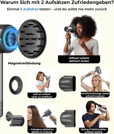 Професійний фен для волосся з дифузором та 5 насадками, іонний, 1600W, безщітковий мотор, низький рівень шуму, сріблясто-сірий