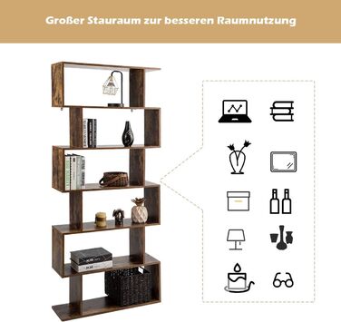 Книжкова шафа COSTWAY, 6 ярусів, окремо стояча, 192x80x23 см, вінтажний коричневий, для вітальні, спальні, офісу