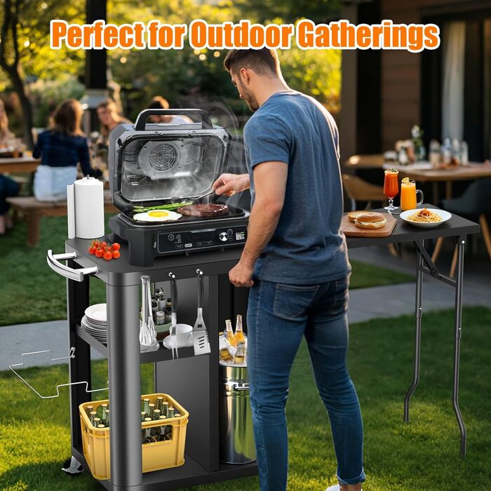 Гриль-возна Гриль-стіл з відкидним столиком, вулична кухня з гачками, полицею та шафкою, сервізний візок на колесах, чорний (143×37×89 см)