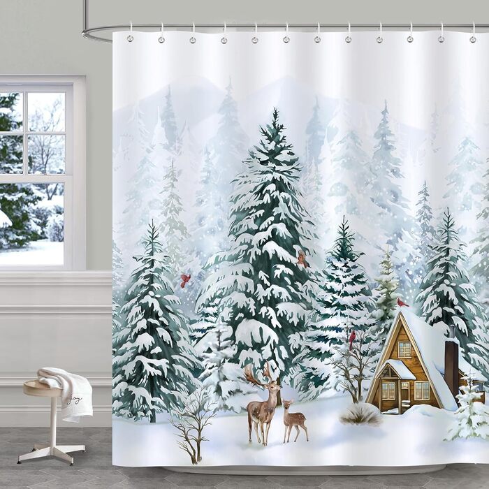 Шторка для душу Bonhause Winter Forest Deer 180x180 см, захист від цвілі, водонепроникна, в т.ч. 12 гачків