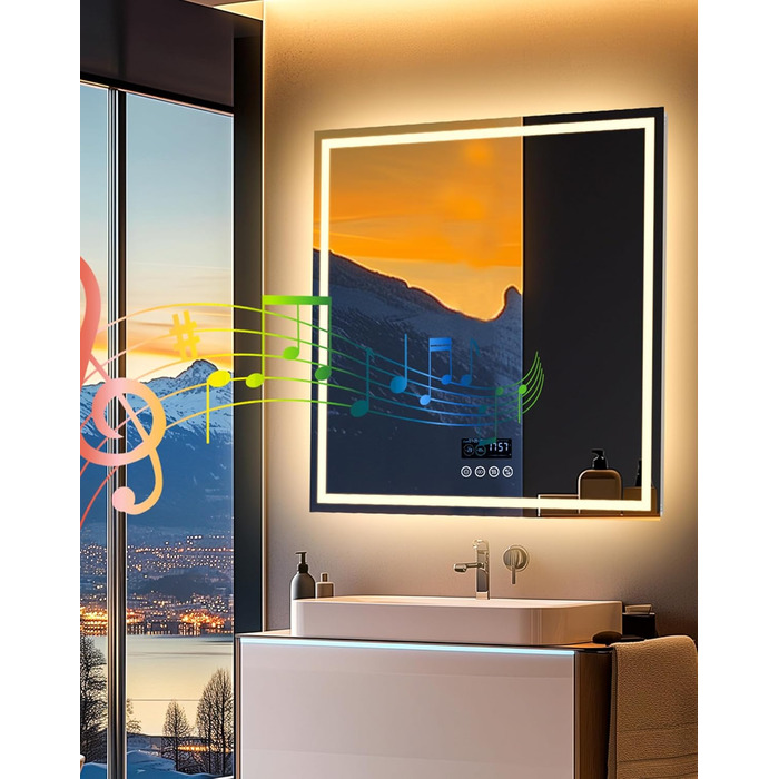 Дзеркало для ванної кімнати LUVODI LED з підсвічуванням, 40x50 см, водонепроникне, сенсорне управління, 3 колірні температури, регулювання яскравості, антизапарник, Bluetooth, заднє та переднє освітлення
