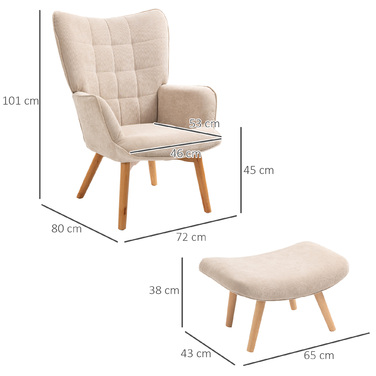 Крісло HOMCOM Wingback з табуретом Крісло з м'якою реклайнером Вельвет Look Крісло для відпочинку Крісло Крісло з дерев'яними ніжками Телевізор Крісло бежеве для вітальні
