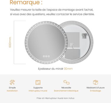 Круглий дзеркало для ванної кімнати EMKE з LED-підсвічуванням, діаметр 60 см, з антизапарюванням + сенсорний вимикач + 3 кольори світла, сучасний дизайн