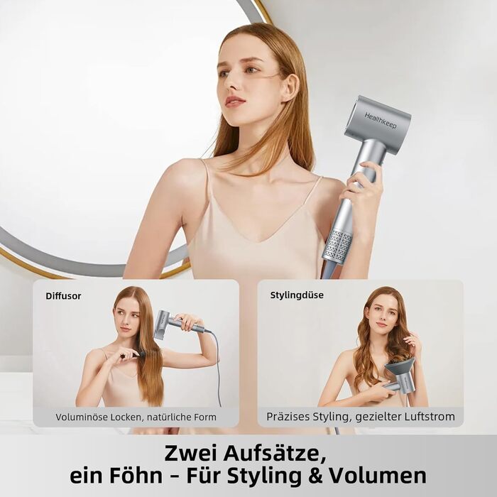 Фен для волосся Healthkeep з негативними іонами, 1600 Вт, високошвидкісний мотор 10 000 об/хв, 2 дифузори, низький рівень шуму (<78 дБ), швидке сушіння