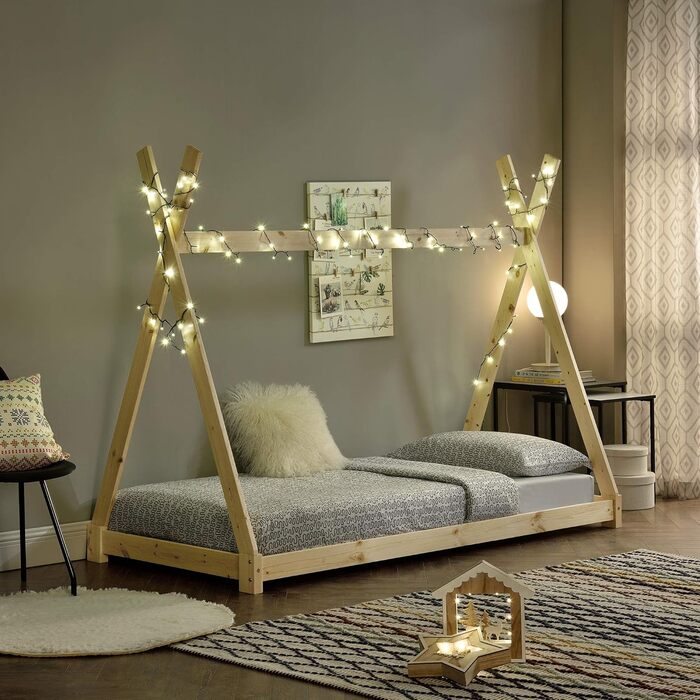 Ліжко дитяче Onejda Tipi від en.casa, 80x160 см, з натурального дерева, біле