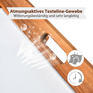 Шезлонг для відпочинку садовий, регульований, з акації, текстиль, натуральний + білий, 198 x 55 x 30-88,5 см