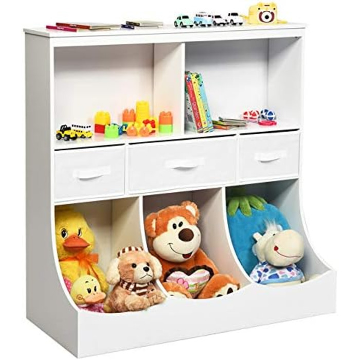 Дитяча полиця GOPLUS з 5 відділеннями для зберігання та 3 складними коробками для тканини, полиця для іграшок, полиця для зберігання для дітей, органайзер для іграшок зі стійкою підставкою для ніг, ідеально підходить для дитячої кімнати (білий)